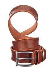Beautiful leather belt made of red rawhide, with a metal buckle, beautifully twisted into a spiral, isolated on a white background. - 599551822