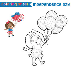 4th of July theme coloring page for kids. Colouring book of a cute little girl holding balloons with American flag designs. America Independence Day edition. Vector illustrations file.