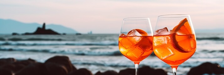 Refreshing Seaside Aperol Spritz, Classic Italian Aperitif Cocktail with Stunning Beach View, Perfect for a Relaxing Vacation. Generative AI