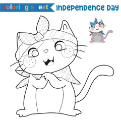 Coloring sheet kawaii and cute grey kitten wearing headband and scarf of American flag design for fourth of July.