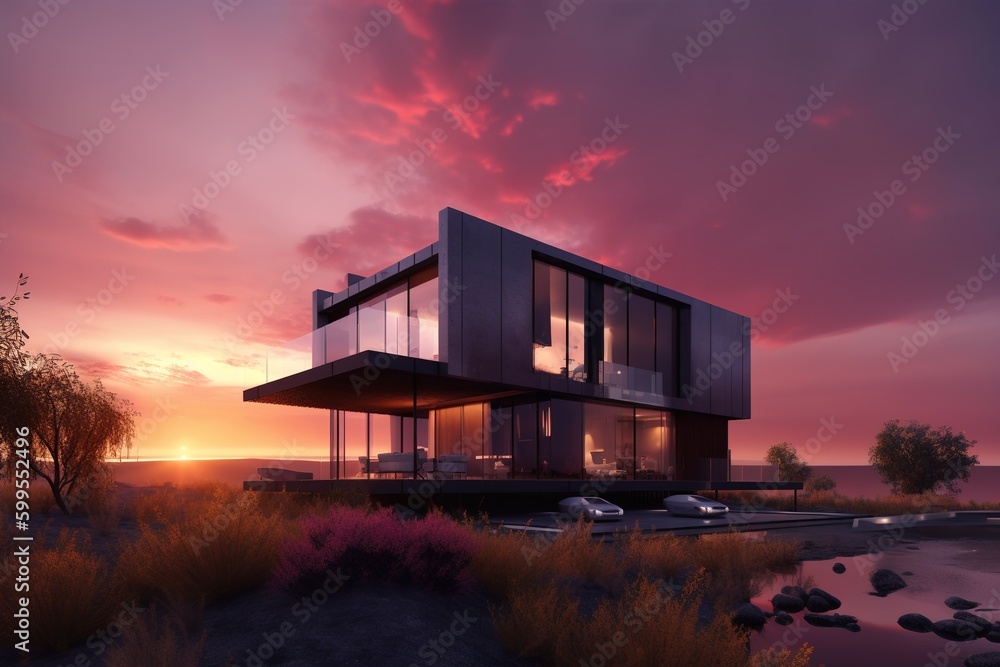 Poster a home with a view of the setting sun in the distance generative ai