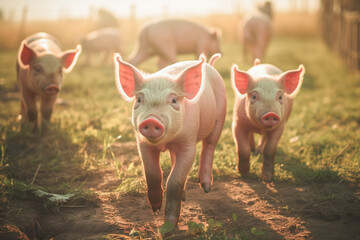 Curious little pigs on a farm looks into the camera. Lots of cute piglets on the walk. Cute farm animal, Domestic livestock.
