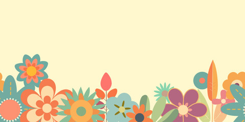 Border with groovy hippie retro flowers in flat style. Seamless 
