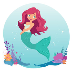 Cartoon character – pink hair mermaid    Vector illustration