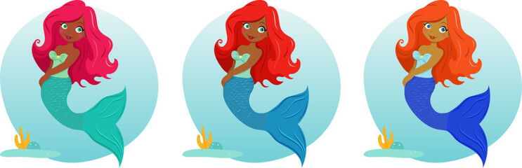 Cartoon character – dark-skinned mermaid   in different hues. Vector illustration
