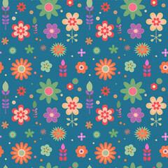 Fototapeta na wymiar Seamless pattern with groovy hippie retro flowers in flat style. Seamless 