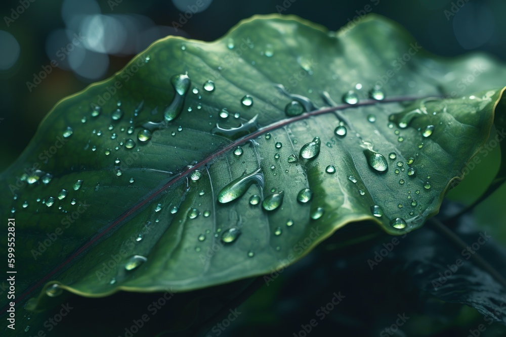 Poster a single leaf that is green and has water droplets on it generative ai