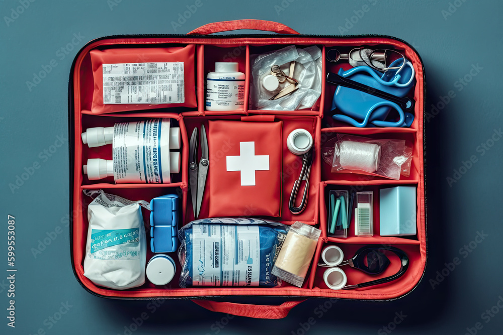 Wall mural ai generative illustration of a red first aid kit with various medication pads and bandages inside.