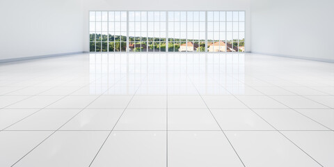 3d rendering of white empty space in room, ceramic tile floor in perspective, window and ceiling...