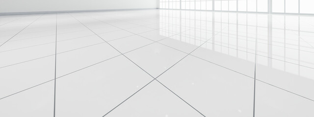 3d rendering of close up white tile floor in perspective view, empty space in room, window and light. Modern interior home design look clean, bright, shiny surface with texture pattern for background. - obrazy, fototapety, plakaty