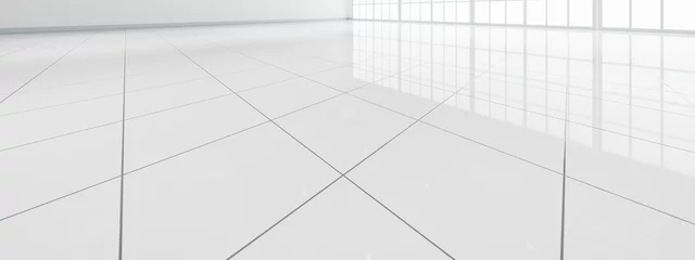 Fotobehang 3d rendering of close up white tile floor in perspective view, empty space in room, window and light. Modern interior home design look clean, bright, shiny surface with texture pattern for background. © DifferR
