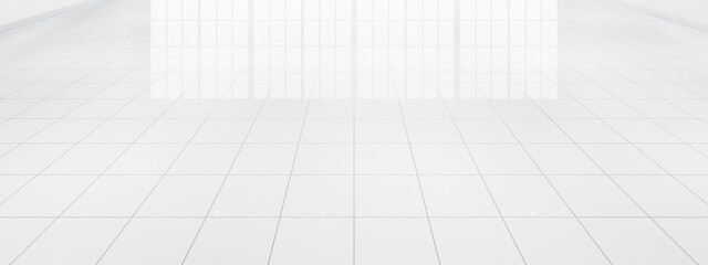 White tile floor with grid line of square texture pattern in perspective. Clean shiny of ceramic...