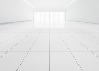 3d rendering of white empty space in room, ceramic tile floor in perspective, window and ceiling...