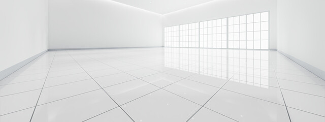 3d rendering of white empty space in room, ceramic tile floor in perspective, window and ceiling...
