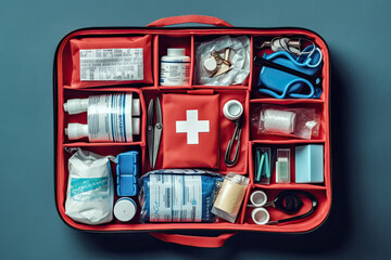 AI Generative Illustration of a red first aid kit with various medication pads and bandages inside. - obrazy, fototapety, plakaty
