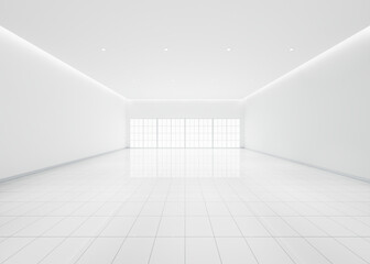 3d rendering of white empty space in room, ceramic tile floor in perspective, window and ceiling strip light. Interior home design look clean, bright, shiny surface with texture pattern for background - obrazy, fototapety, plakaty