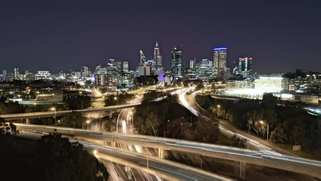 Drone time lapse hyper lapse Perth Freeway at Night