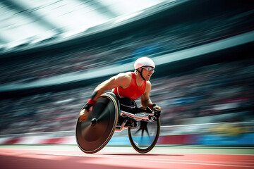 Fototapeta premium Generative AI Illustration of a Paralympian competing in a track race with his wheelchair