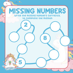 Math game for kids. missing numbers page with colourful and cute unicorn character. Count and write the missing number correctly. Educational printable math worksheet. Counting practice. Vector file