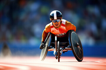 Obraz premium Generative AI Illustration of a Paralympian competing in a track race with his wheelchair