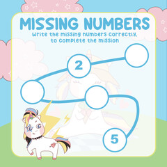 Math game for kids. missing numbers page with colourful and cute unicorn character. Count and write the missing number correctly. Educational printable math worksheet. Counting practice. Vector file