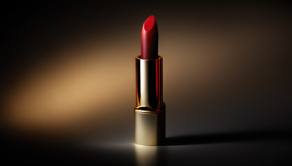 Isolated red lipstick in gold packaging presented as no brand mockup on dark and gold background. Generated Ai. High quality illustration Generative AI