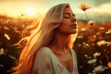 Generative AI Illustration of a blonde woman with her eyes closed in a field of lavender and flowers at sunset feeling the nature and beauty of the moment