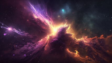 Space art nebula with deep colored light, clouds, stars in deep space under the sun and energy flows. Generated Ai. High quality illustration Generative AI