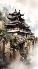 Watercolor illustration of beautiful Chinese style architecture
