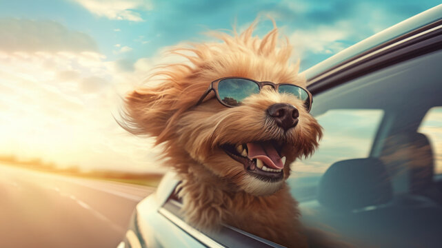 cute dog with head out of the car window feeling the wind. generative ai