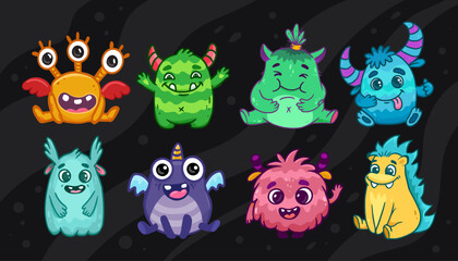 set of funny cartoon monsters. Cute Monsters on black background. Kids character design for posters, baby products and packaging design. Happy Halloween. Vector illustration