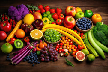 Naklejka na ściany i meble Assortment of fresh organic fruits and vegetables in rainbow colors, generative AI