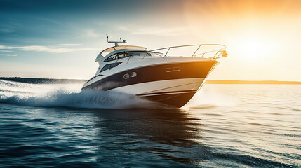Dawn Cruise on a Luxurious Motor Boat Sailing the Sea. created with Generative AI