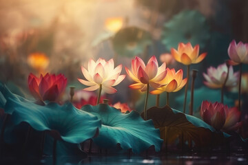 Fantasy Vintage Classic deep colorful lotuses bouquet on blurred background, generative AI