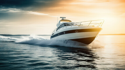 Dawn Cruise on a Luxurious Motor Boat Sailing the Sea. created with Generative AI