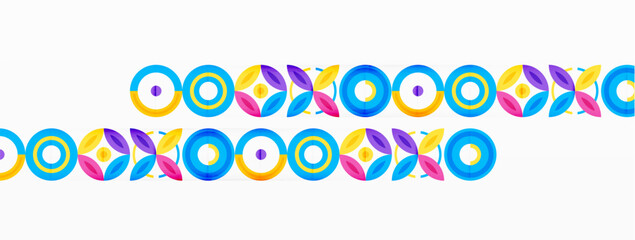 Abstract background - minimalist circles and round elements composition with varying sizes circles and other geometric shapes. The elements are arranged symmetrically in a grid-like pattern