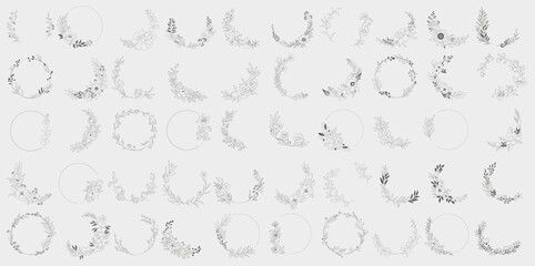 Hand drawn floral frames with flowers, branch and leaves. Vector illustration set