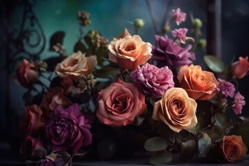 Fantasy Vintage Classic deep colorful roses bouquet on blurred background, generative AI