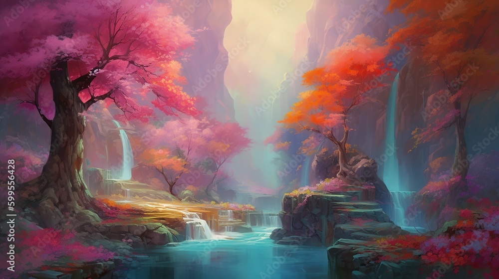 Poster a picture depicting a waterfall that is encircled by trees generative ai