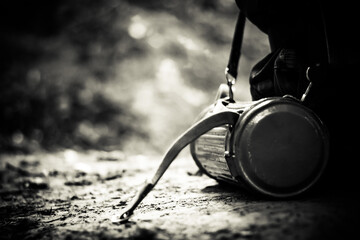 german gas mask in the forest on a blurred background