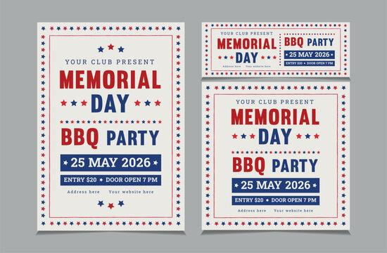 Set Of BBQ Invitation For Memorial Day, Memorial Day Barbeque Invitation, Flyer And Facebook Cover Vector Illustration Eps 10
