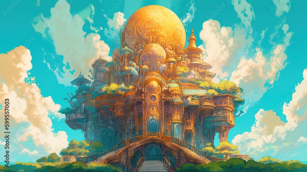 Poster an image depicting a castle floating in the air generative ai