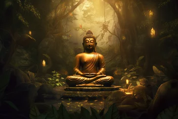 Tuinposter Golden buddha statue meditating in jungle background, generative AI © Kien