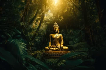 Zelfklevend Fotobehang Golden buddha statue meditating in jungle background, generative AI © Kien