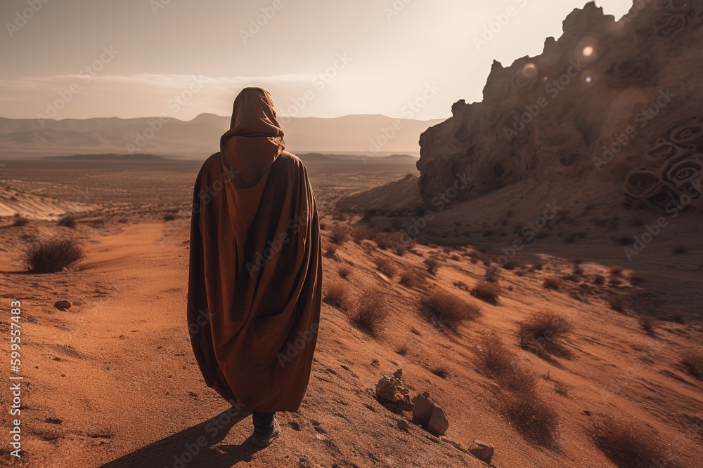 Poster a single figure standing alone in the midst of a desert generative ai