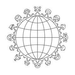 Vector simple black line art of children holding hands forming a circle on globe. Isolated on white background.