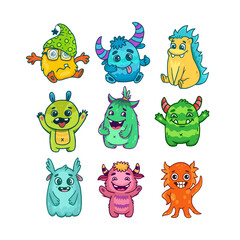 set of funny cartoon monsters. Cute Monsters. Kids  character design for poster, baby products and packaging design. Happy Halloween. Vector illustration