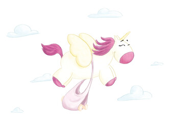 Flying unicorn travelling with a newborn to bring it - such as a stork - to its parents