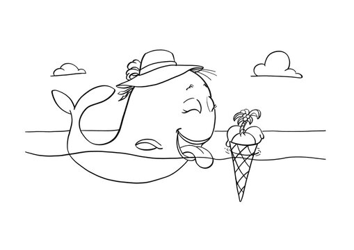 Black outline coloring picture of a greedy whale with a hat swimming to eat an ice-cream island in the ocean during summertime