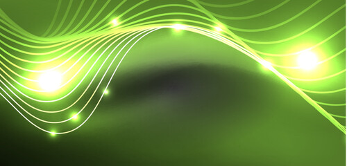 Obraz premium Shiny glowing neon wave. Neon light or laser show, electric impulse, power lines, techno quantum energy impulse, magic glowing dynamic lines